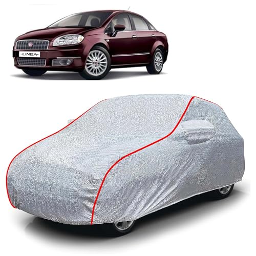 Image of Sulfar 100% Waterproof Car Body Cover Compatible with Mirror for Fiat Linea Classic (Triple Stitched, Full Bottom Elastic, Magic Silver with Red Piping)