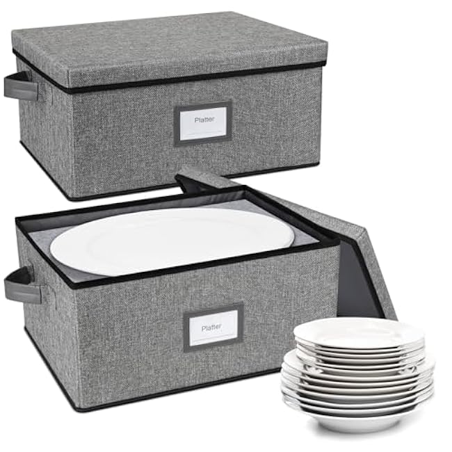 Platter Storage Case£¨2-Pack£©,Stackable Plate Storage Containers, 17¡° x 13¡± x 8.2¡± China Storage Containers Hard Shell with 6 Felt Dividers, Linen Grey