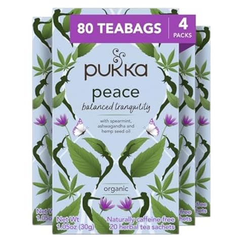 Pukka Organic Tea Bags, Peace Herbal Tea with Spearmint, Ashwagandha, and Hemp Seed Oil, Perfect Holiday Gift Tea Set, 20 Count (Pack of 4), 80 Tea Bags Cover