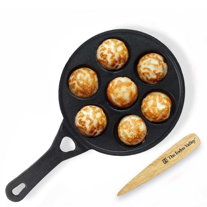 The Indus Valley Pre-Seasoned Cast Iron Paniyaram Pan With Free Wooden Picker|7Pit,21Cm/8.3 Inch,1.7Kg|Induction Friendly|Pre-Seasoned Paddu Pan,100% Pure&Toxin-Free,No Chemical Coating,Black