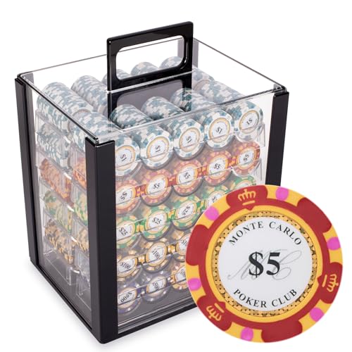 Playzaic 1000-piece Acrylic Monte Carlo Poker Chip Case - 13.5-gram Heavy Clay Composite Set - Casino Chips for Texas Holdem, Blackjack - Betting Game Accessories
