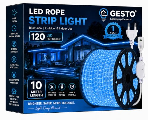 Image of Gesto 10 Meter Blue LED Rope Strip Light | 120 LEDs /Mtr IP65 Waterproof Indoor & Outdoor Lights for Balcony, Home Decor & Cove Light for False Ceiling | Cuttable Every 1M for Diwali Decoration