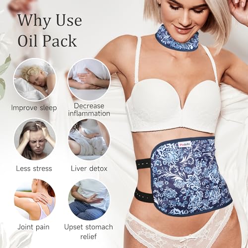 Image of Reusable Castor Oil Pack Wrap for Liver Detox, Castor Oil Wrap for Stomach Less Mess, Elastic Strap Bamboo Cotton Machine Washable Anti Oil Leak 2pcs, Blue and White