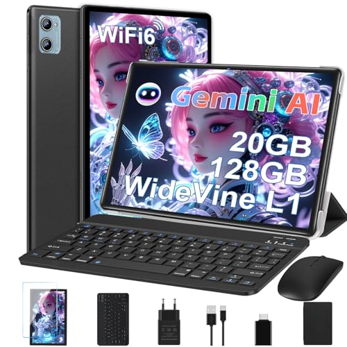 DEERTiME Tablet 10 Pulgadas Android Gemini AI, 20GB RAM+128GB ROM/TF 2TB, Octa-Core, 5G WiFi 6, Widevine L1, BT5.0, 8MP+5MP, Type-C, 6000mAh Batería, Tablet PC con Funda, Teclado y Ratón - Negro