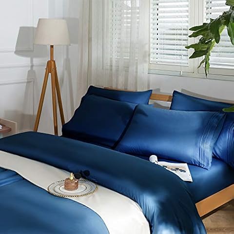 SAKIAO -6PC Bed Sheets Set - Brushed Microfiber 1800 Thread Count Percale - 16" Deep Pocket (King，Navy Blue) Cover