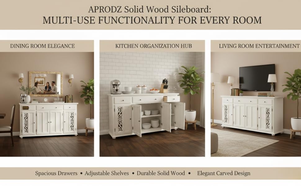 Image of APRODZ Solid Wood Sideboard Cabinet for Living Room | Wooden Storage Cabinet with 3 Drawers & 3 Doors | Kitchen Crockery Cabinet | Drawer Cabinet for Dining Room Bedroom & Home | 161x35x79 cm,White