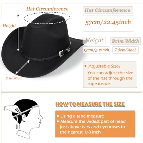 Classic Black Western Felt Roll Up Brim Cowboy and Cowgirl Hat for Women and Men - Decoration with Western Belt Bukle - Image 5
