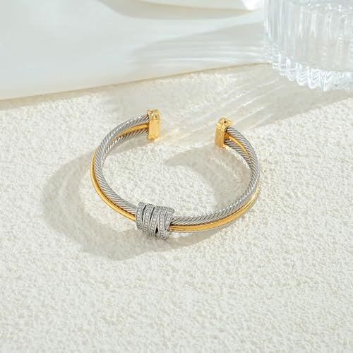 WOWORAMA Twisted Cable Wire Cuff Bracelet for Women Gold Silver Two Tone Cuff Bracelets Mixed Metal Statement Bracelet Adjustable Jewelry4