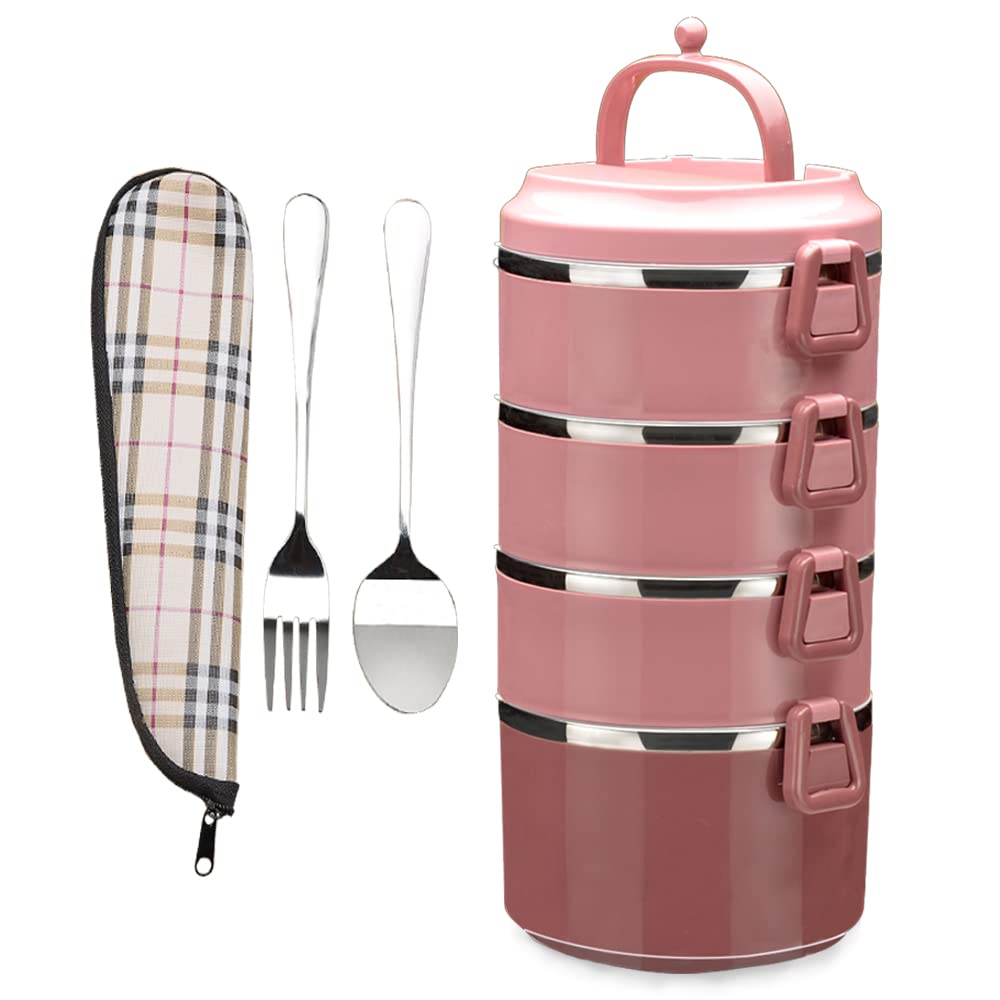 SANQIAHOME 4 Tier Stackable Stainless Steel Lunch Box Sealed(pink, 4 layers)