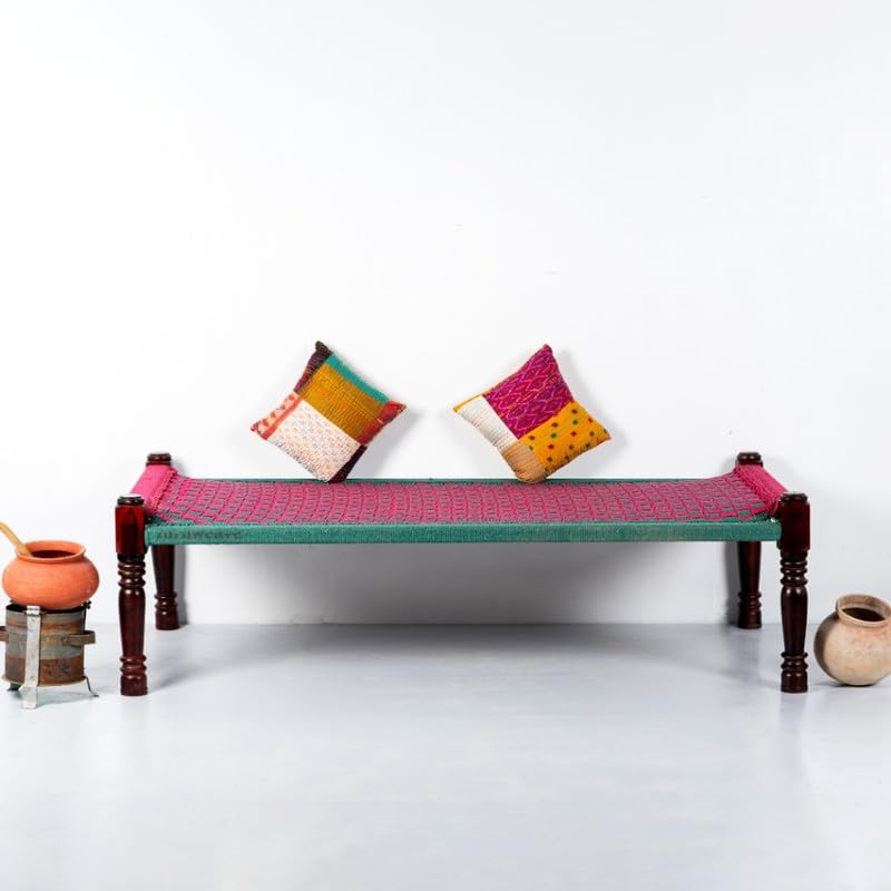 Image of Solid Sheesham Wood Charpai Khat Bed | Wooden Khatiya Charpai Desi | Handcrafted Khatiya Bed with Cotton Rope | Strong Khat for Indoor & Outdoor Use | 6X3 Feet | Pink Green