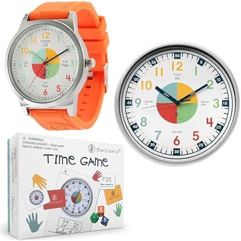 OWLCONIC Learning to Tell Time Bundle, Analog Wall Clock, Time Game, Kids Wristwatch – Orange Cover