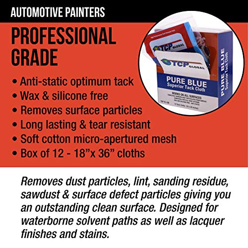 Tcp Global - Pure Blue Superior Tack Cloths - Tack Rags (Box Of 12) - Automotive Car Painters Professional Grade - Removes Dust, Sanding Particles, Cleans Surfaces - Wax And Silicone Free, Anti-Static #TOP4
