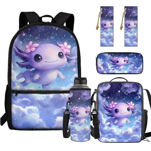 Galaxy Axolotl Backpack for Girls Kids Backpack with Lunch Box Water Bottle Holder Large Pencil Case and Leather Bookmark 5 Pcs Set 17