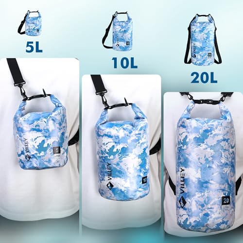 Image of VILLEY Dry Bag Waterproof 5L Roll Top Storage Backpack, Keeps Gear Dry Lightweight Backpack for Kayaking Boating Camping Swimming and Beach Accessories Blue Camo