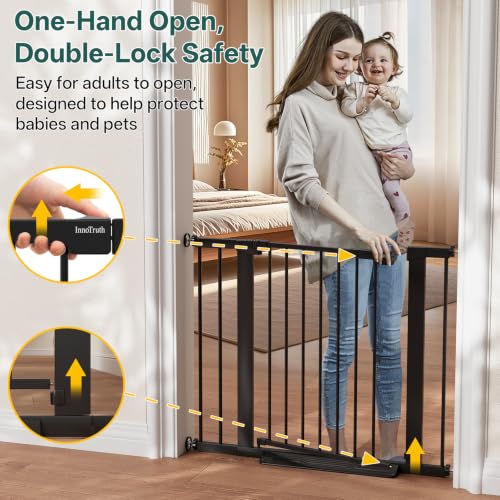 InnoTruth 27-36.6 in Wide Baby Gate for Stairs and Doorways, Black | Indoor Metal Dog Gate for Pets, Auto Close 2 Way Swing Walk Through Door, Double Lock & Y-Bolts, Pressure or Hardware Mount - Image 4