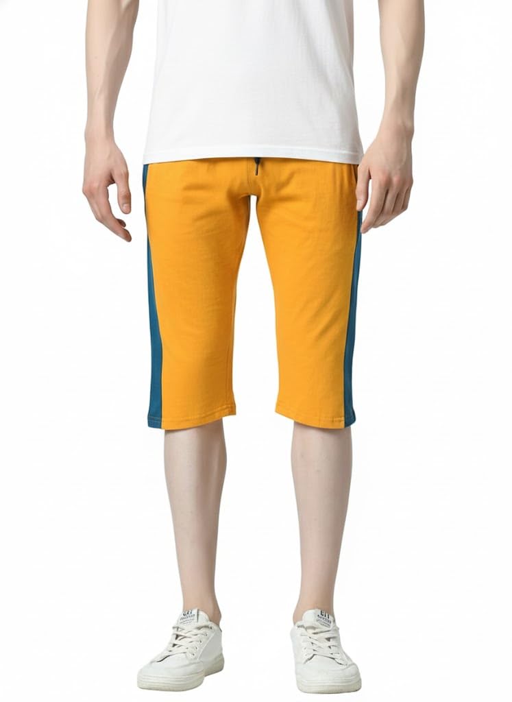 men’s cotton capri pants – soft and breathable fabric with elastic waist and adjustable drawstring, comfortable knee length casual wear with side stripes