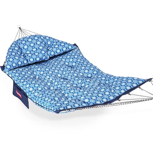 Lazy Daze Hammocks Deluxe 12 FT Tufted Hammock with Soft Detachable Pillow & Side Pocket, Outside Double Curved Aluminium Spreader Hammock, 450 Lbs Capacity for Patio, Blue Floral