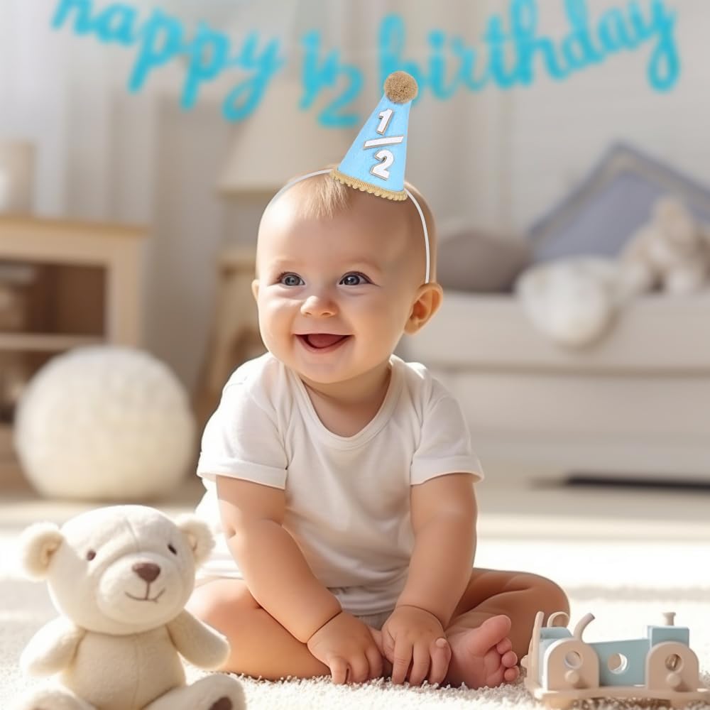 2 Pcs Blue 1/2 Birthday Hat Set, Half Birthday Hat Boy with 2m Banner