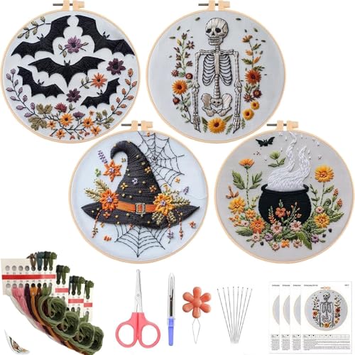 Image of YOUDRN Halloween Embroidery Kit,Halloween Cross Stitch Kit,DIY Embroidery Kits for Adults,Embroidery Kit for Beginners with Pattern,Cotton Threads,Needles,Instruction,20cm Hoop (4 Set)