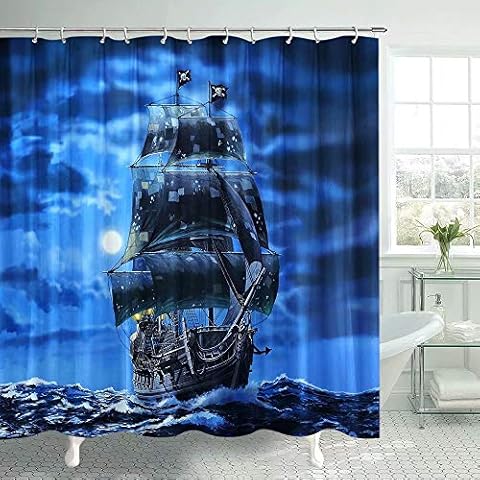 Pirate Ship Shower Curtain for Nautical bathroom Fantasy Ocean Vintage Pirate Ship Bath Curtain Sets Ocean Themed Full Moon shower curtain Polyester Fabric Bath Curtain Decor with Hooks 69x70Inches Cover