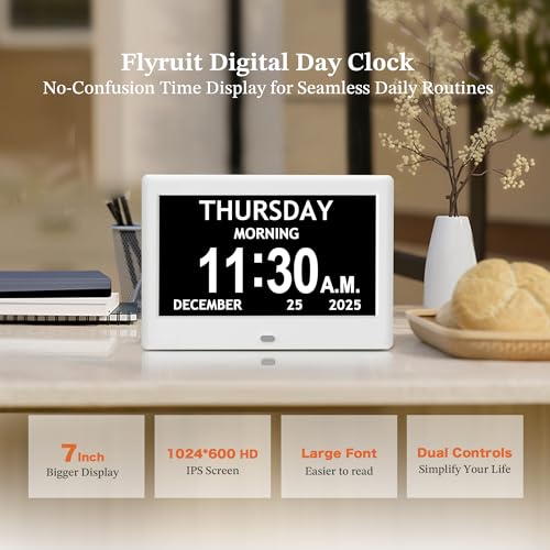 Image of 7'' Dementia Clock For Seniors, Large Display Digital Clock With Date, Time, Day Of Week for Elderly, Alzheimer, 1024*600P HD, 10 Reminders & 8 Alarms, Auto Dimming & DST, Remote Control, White