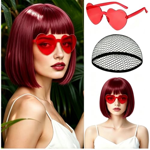 Image of MEEZY Burgundy Bob Wig with Bangs Heart Sunglasses for Women, Neon Colored Bob Hair Funny Party Wig Synthetic Crazy Hair for Woman Man Halloween Costume Cosplay Bachelorette Party Supplies