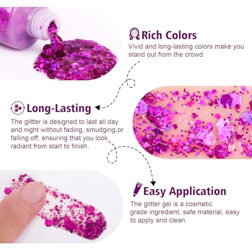 Body Glitter Hair Glitter Face Paint Sparkles Makeup,10 Colors Glitter Gel Singer Concerts Disco Rave Festival Valentine’s Day Accessories,Chunky Sequins Mermaid Gel for Women Eyeshadow Children Hair - Image 4