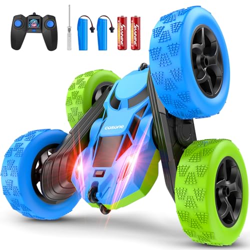 cosone Ferngesteuerte Autos für Jungen – 4WD 2,4 GHz doppelseitige 360° drehbare All-Terrain-RC-Autos mit coolen Lichtern, Kindergeburtstag für Jungen – Blau & Grün