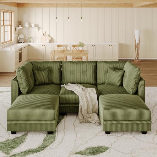 Image of LLappuil Modular Sectional Sofa with Storage, U-Shaped 5-Seat Corduroy Couch with 5 Throw Pillows, Pet-Friendly Convertible Sofa for Small Space, Skin-Friendly, Green