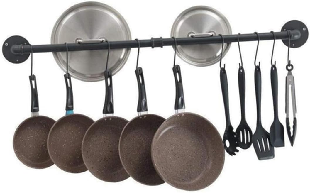 BESPORTBLE Wall Mount Pot Rack and Pan Organizer 13x60cm Iron Kitchen Storage Rack with Hooks for Hanging Utensils and Lid Holder Space-saving for Kitchen Use