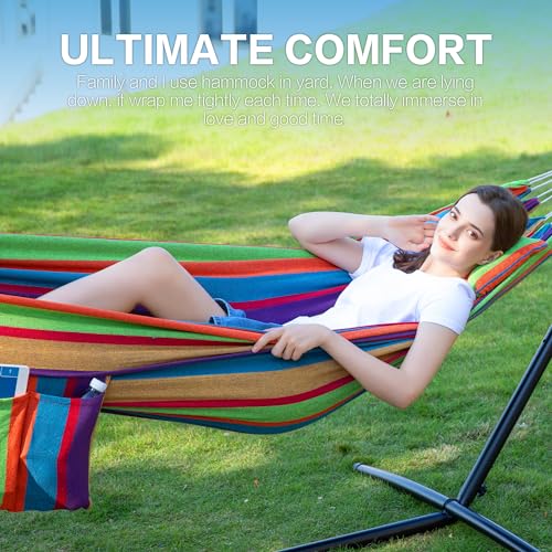 Image of PNAEUT Double Hammocks with Stand for Outside, Portable Space Saving Heavy-Duty Steel Stand for Indoor Outdoor Patio, 450 lbs Capacity (Tropical)