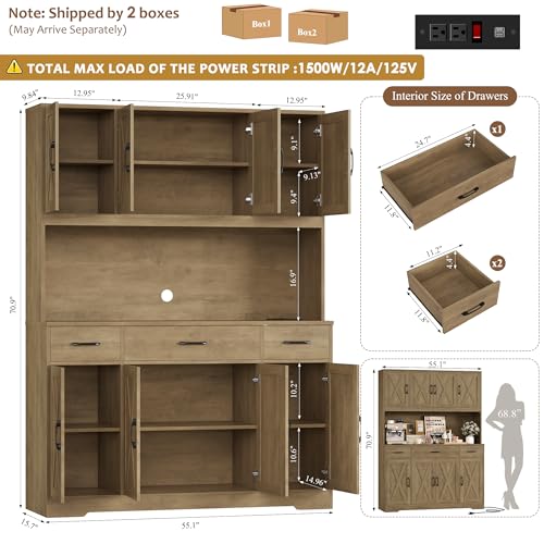 Image of HOSTACK 71 inch Tall Kitchen Pantry Storage Cabinet, 55 inch W Kitchen Hutch, Brown | Large Pantry Cabinet with Charging Station / Countertop / 3 Drawers, Farmhouse Hutch Cabinet with Storage for Dining Room