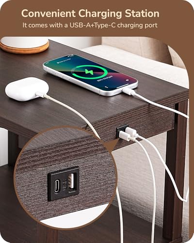 Image of EDISHINE Floor Lamp with Table Dimmable USB-A+Type-C Port, Dark Walnut | Bulb Included, 10%-100% Brightness, 2700K-6000K Color Temperature, 2 Shelves, Farmhouse Standing Light for Bedroom, Office