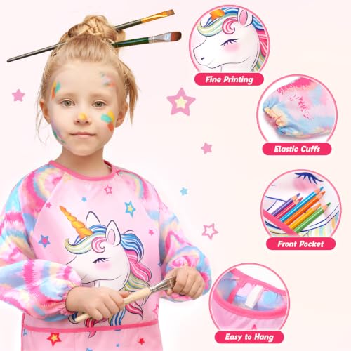WERNNSAI Unicorn Kids Art Smock for Girl Age 3-6 with Long Sleeve 3 Pockets view 3