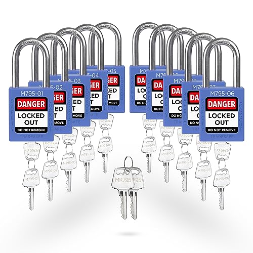 Image of TRADESAFE Lockout Tagout Locks Set with Master Keys - 10 Blue Loto Locks Keyed Different, 2 Keys Per Lock, Lockout Locks for Electrical Lockout Tag Out Kits