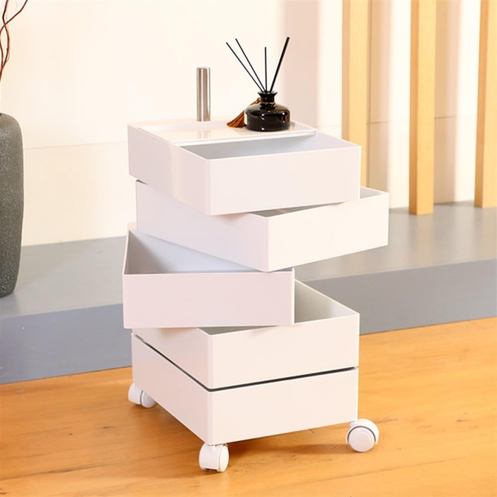 SUNHIPPIE Multi-Layer Movable Bedside Table, Cosmetic Cart with 5 Drawers, Side Table Organizer with Wheels for Living Room(White)