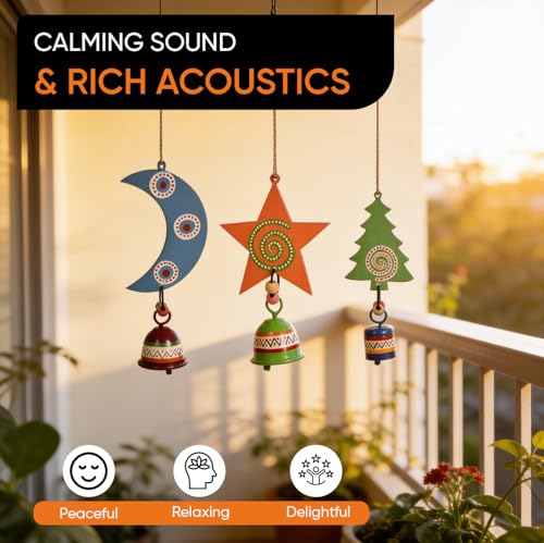 Image of Aakriti Art Creations Festive Trio Wind Chime Set Moon, Star & Tree | Handmade Modern Art Wooden & Metal Wind Chimes | Decorative Indoor & Outdoor Hanging for Balcony, Garden, Living Room & Gifting