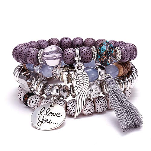 SMALLLOVE Bohemian Bracelets Set for Women Girls Multilayer Stretch Stackable Wing Tassel Love Charm Crystal Beaded Beach Boho Natural Stone (Grey)