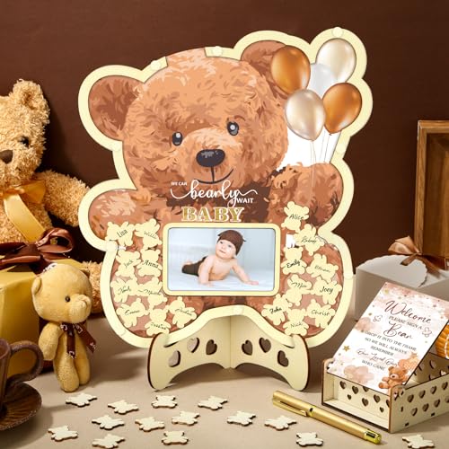 Image of Wenqik 63 Pcs Brown Bear Baby Shower Guest Book Alternatives Set Baby Shower Decorations with Photo Frame Sonogram Frame Keepsake 60 Wood Slices Guest Book for Birthday