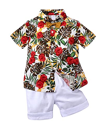 Image of Toddler Baby Boy Summer Clothes Set Floral Shirt Bow-tie Shorts Hawaiian Outfit