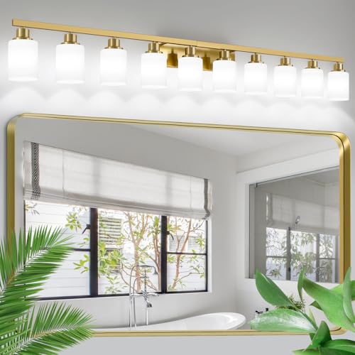 Image of Gold Vanity Light 10-Light Brushed Gold Bathroom Light Fixture 64in | White Frosted Ribbed Glass Shade Bathroom Lights over Mirror Modern Wall Lamp Sconces for Mirror Bedroom Hallway E26 Base