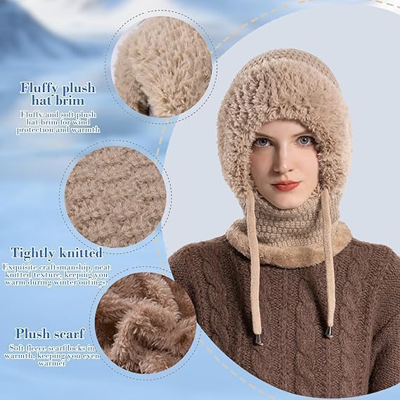 3 in 1 Beanie Hat for Women, Sherpa Hood Ski Mask, Fall Winter Warm Knitted Windproof Balaclava Scarf with Face Cover - Image 3