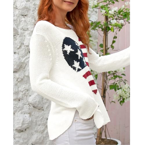 Image of Women American Flag Sweater Loose Vintage USA Sweatshirt Long Sleeve Crewneck Hollow Out 4th of July Jumper