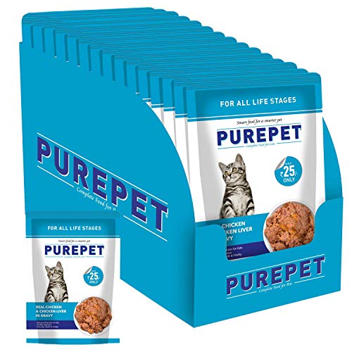 PUREPET Wet Cat Food, Real Chicken and Chicken Liver in Gravy, 15 Pouches (15 x 70g)., All Life Stages