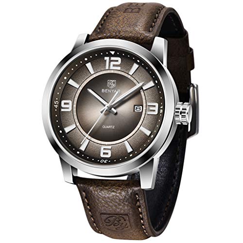 Mens Watches Genuine Leather Quartz Wrist Watch for Men Waterproof Casual Business Analogue Wristwatch Auto Date Lume Dial BENYAR (Brown 5168)