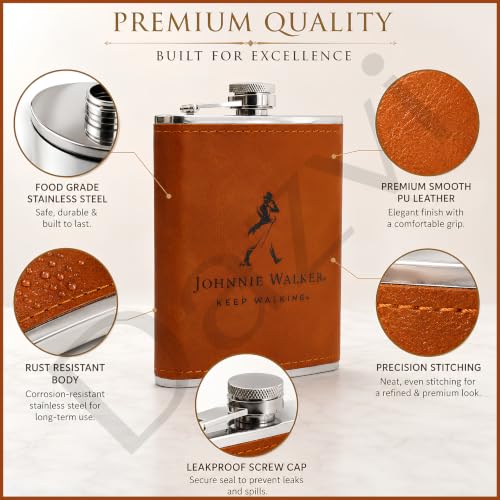 Image of Stainless Steel Hip Flask for Men & Women 8oz (236ml) - Whisky Flask Vodka Alcoholic Liquor Holder with Funnel Drinks Pocket Carrying Case - Leakproof Travel Flasks for Drinks, (Brown JW)