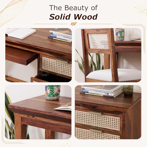 Image of NSH Solid Sheesham Wood Study Table with Chair | Wooden Writing Desk with Drawer & Door Storage | Pre-Assembled Computer Desk Workstation for Home Office & Study Room | Honey Finish