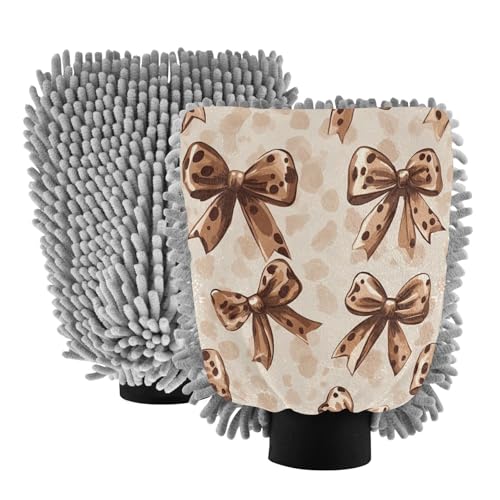 STAYTOP Leopard Print Style Bow Car Wash Mitt Microfiber, 2Pcs Scratch Free Lint-Free, Premium Chenille Microfiber Mitt Car Wash Brush-L