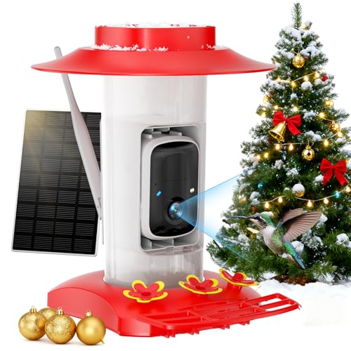 Hummingbird Feeder with Camera for Outdoors, 2K Solar Powered Smart Bird Feeder with Ant Moat & Bee Guard, Auto Capture, AI Recognition, Gift for Family & Friends(21 oz) (Red)