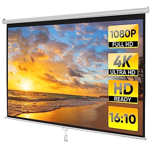 Saicool 100 Inch Projection Screen Outdoor Indoor 16:9 HD Foldable Manual Pull Down Projector Screen for Movie Home Backyard Theater Cinema Office Video Game, White (White)